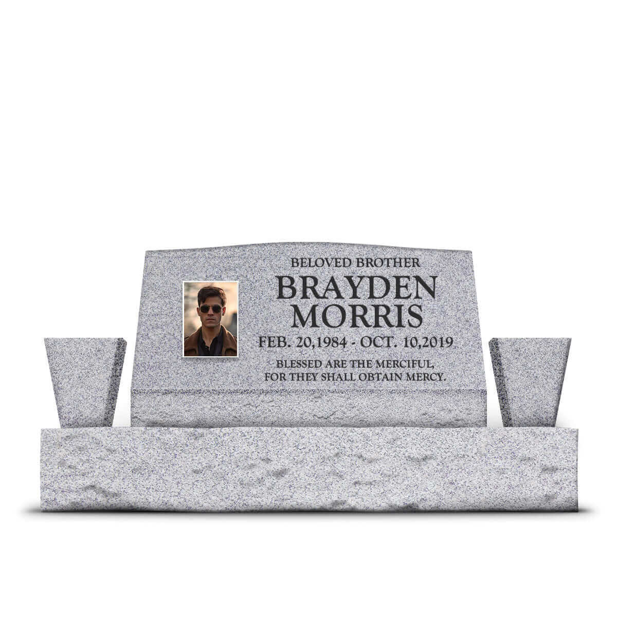 36″ x 10″ x 16″ Slant Headstone with 52″ Base & Two Vases