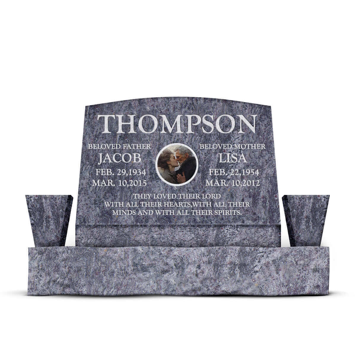 24″ x 10″ x 16″ Slant Headstone with 36″ Base & Two Vases