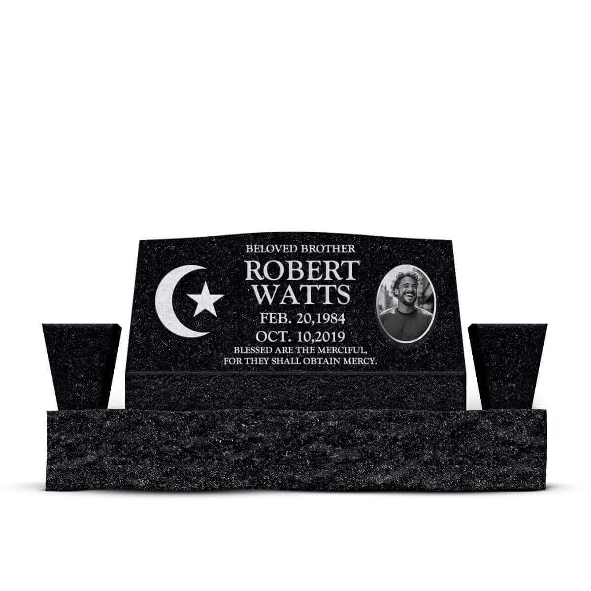 36″ x 10″ x 16″ Slant Headstone with 52″ Base & Two Vases