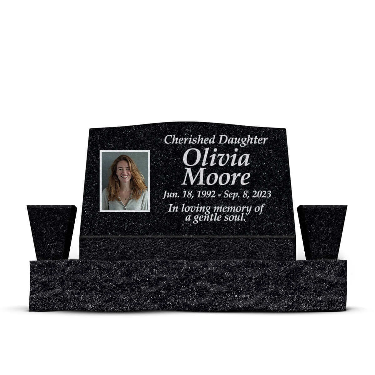 30″ x 10″ x 16″ Slant Headstone with 42″ Base & Two Vases