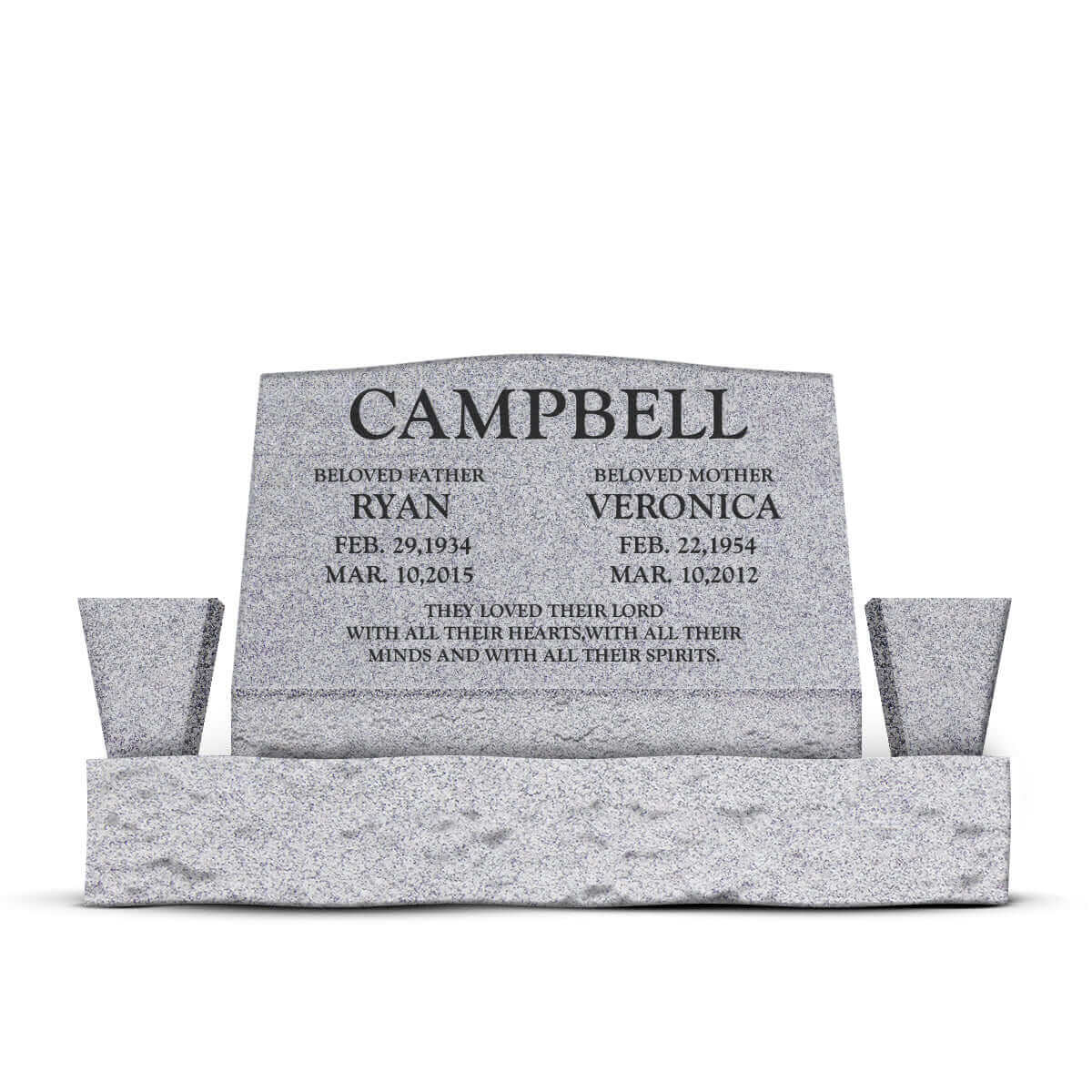 30″ x 10″ x 16″ Slant Headstone with 42″ Base & Two Vases