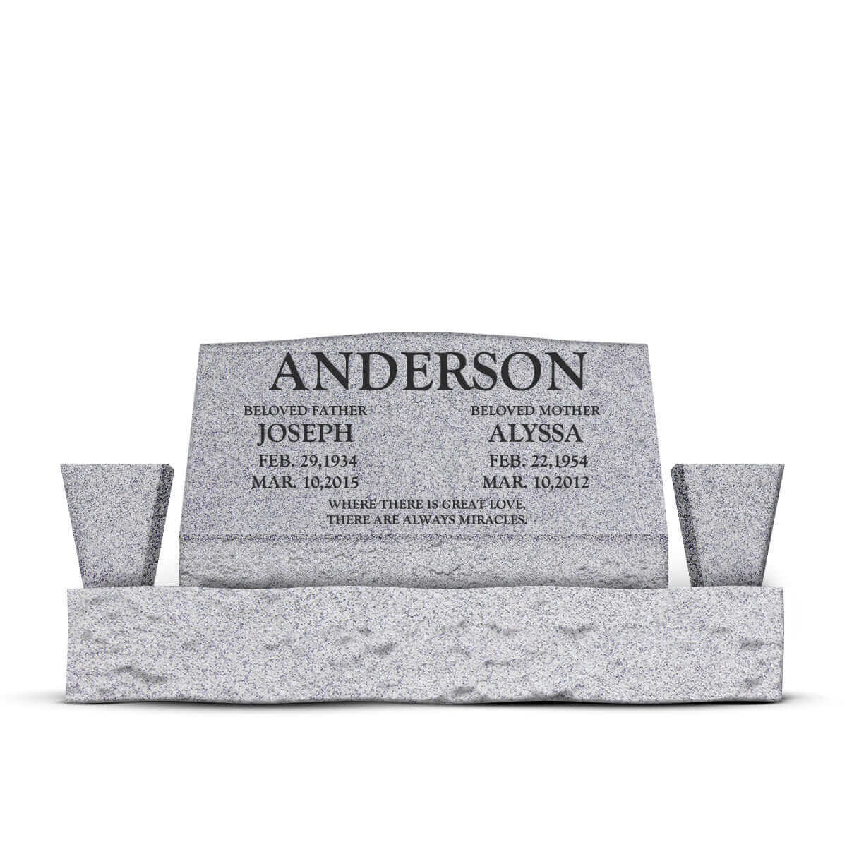 36″ x 10″ x 16″ Slant Headstone with 52″ Base & Two Vases