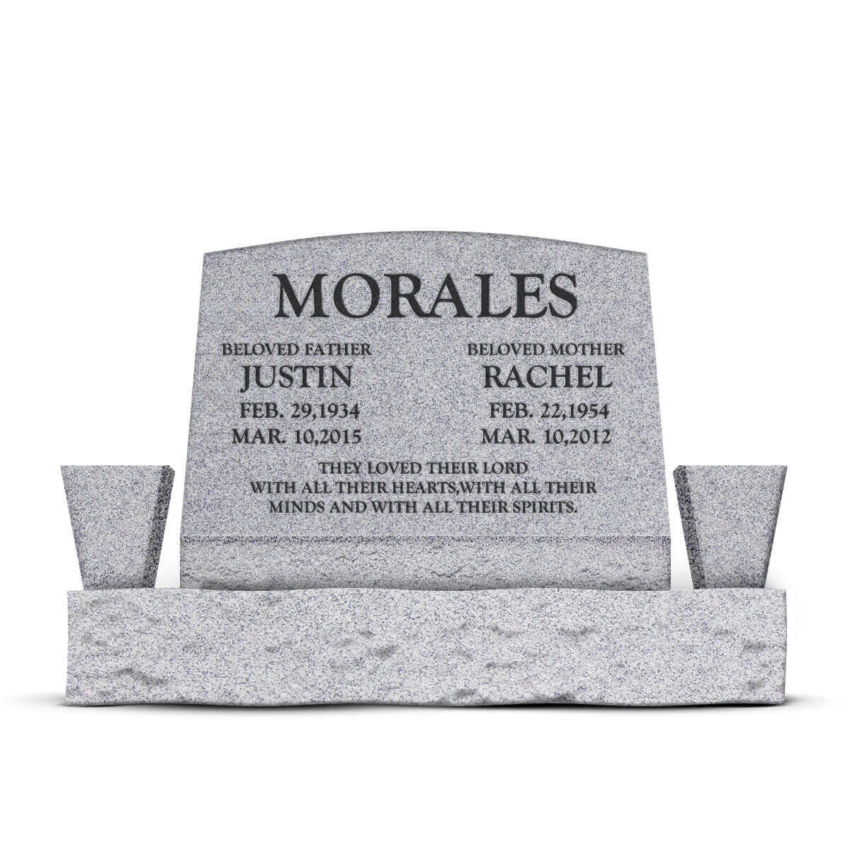 24″ x 10″ x 16″ Slant Headstone with 36″ Base & Two Vases