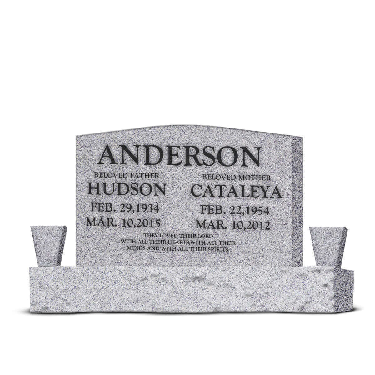 36″ x 6″ x 24″ Upright Headstone with 54″ Base & Two Vases