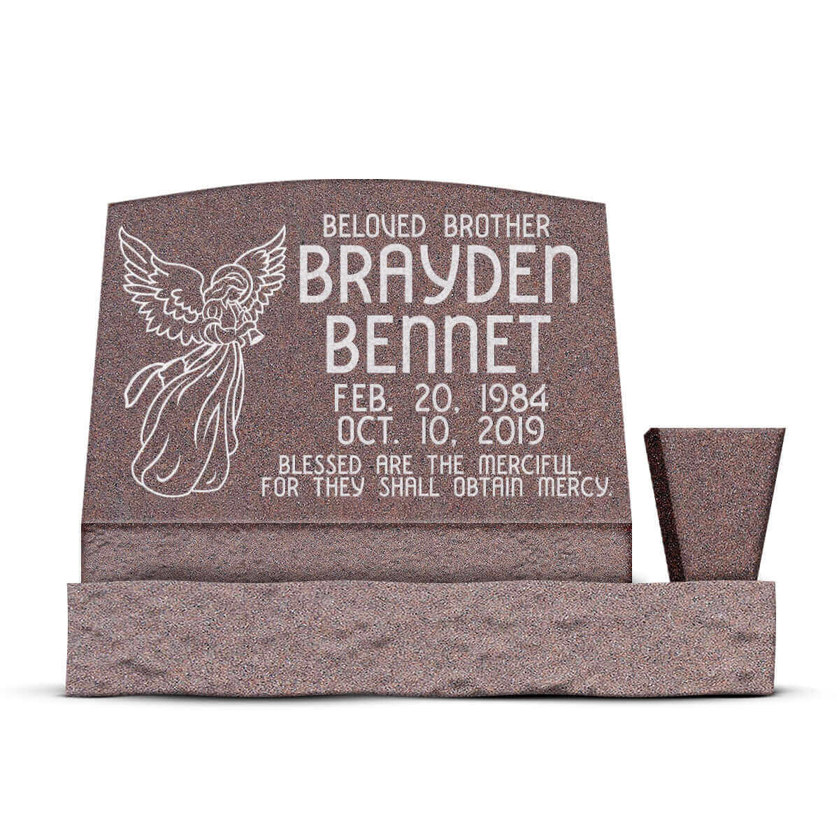24″ x 10″ x 16″ Serp Top Slant Headstone with 34″ Base & Vase