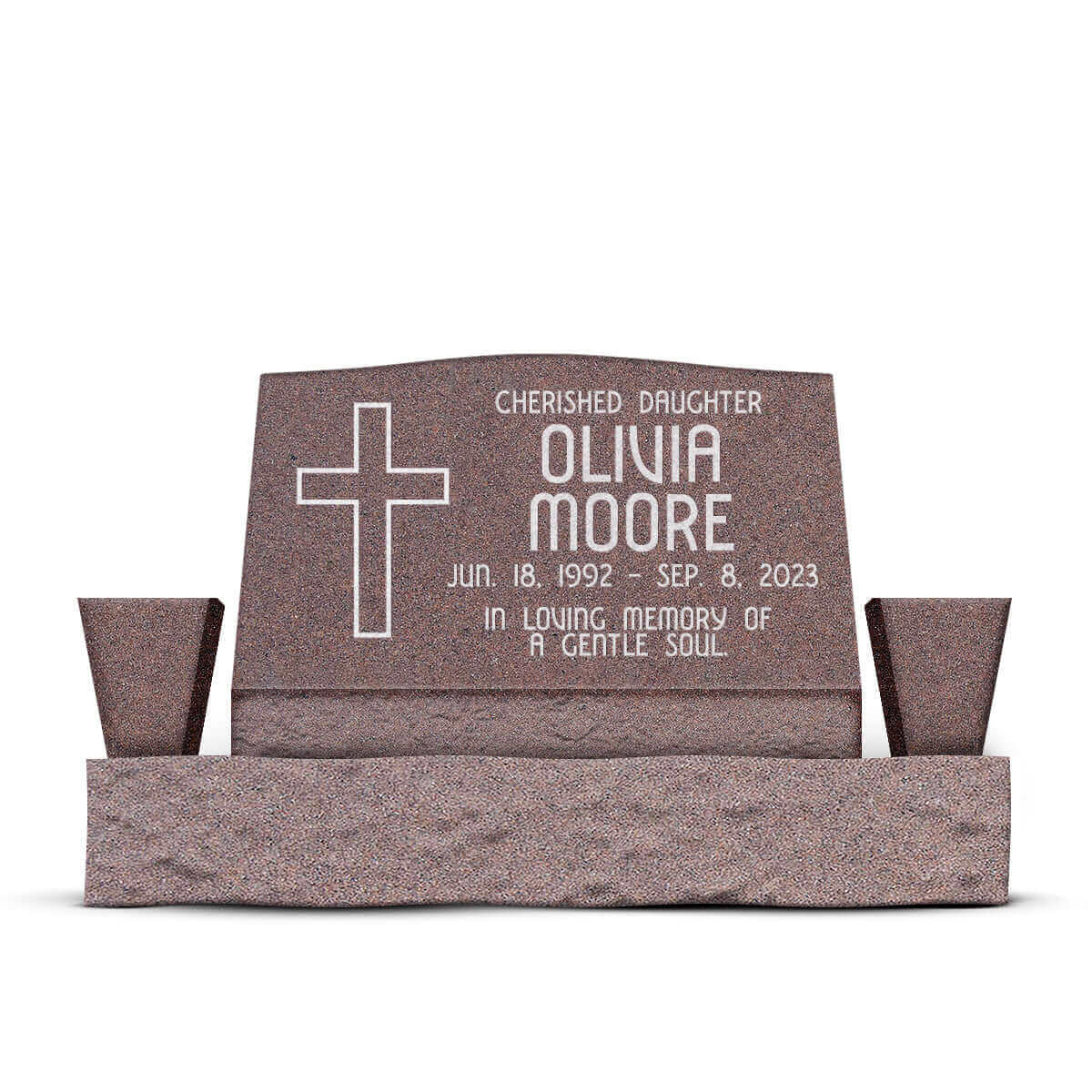 30″ x 10″ x 16″ Slant Headstone with 42″ Base & Two Vases