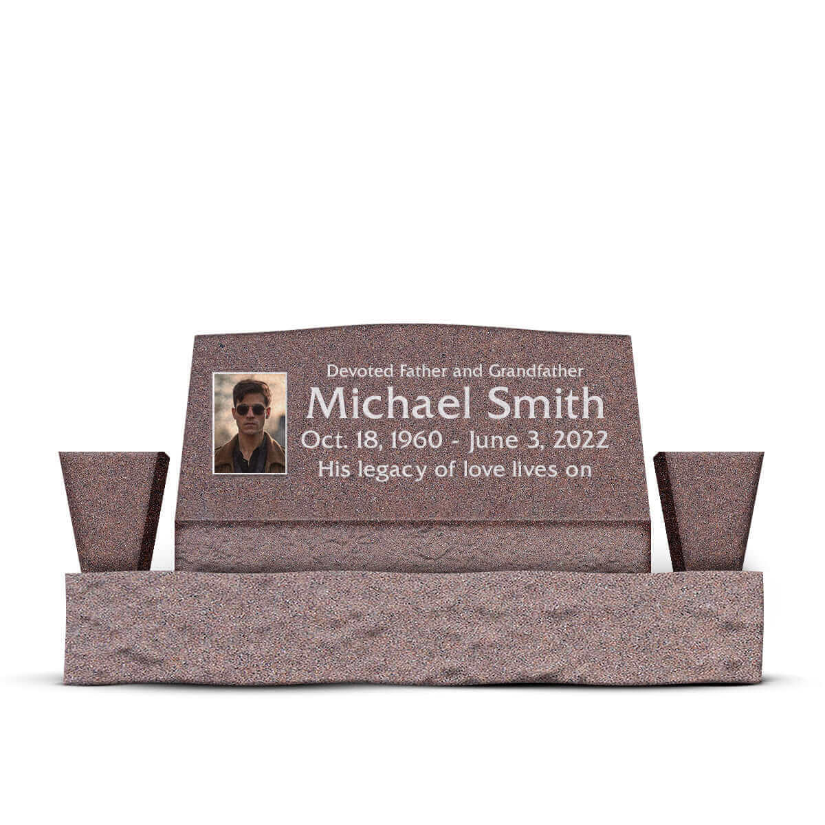 36″ x 10″ x 16″ Slant Headstone with 52″ Base & Two Vases