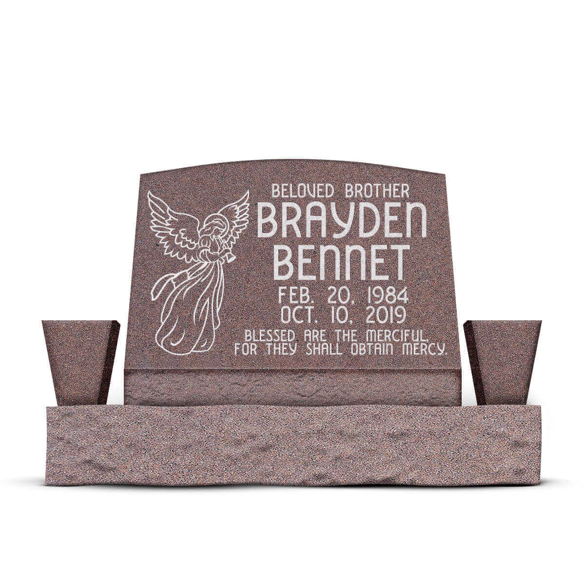 24″ x 10″ x 16″ Slant Headstone with 36″ Base & Two Vases