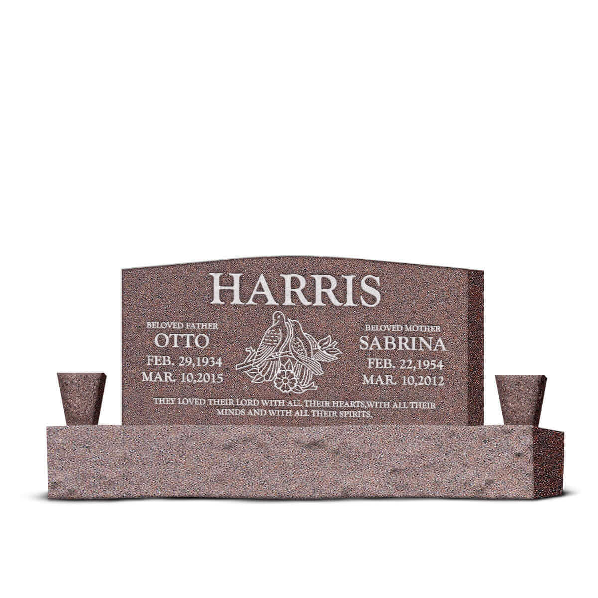 48″ x 6″ x 24″ Upright Headstone with 66″ Base & Two Vases