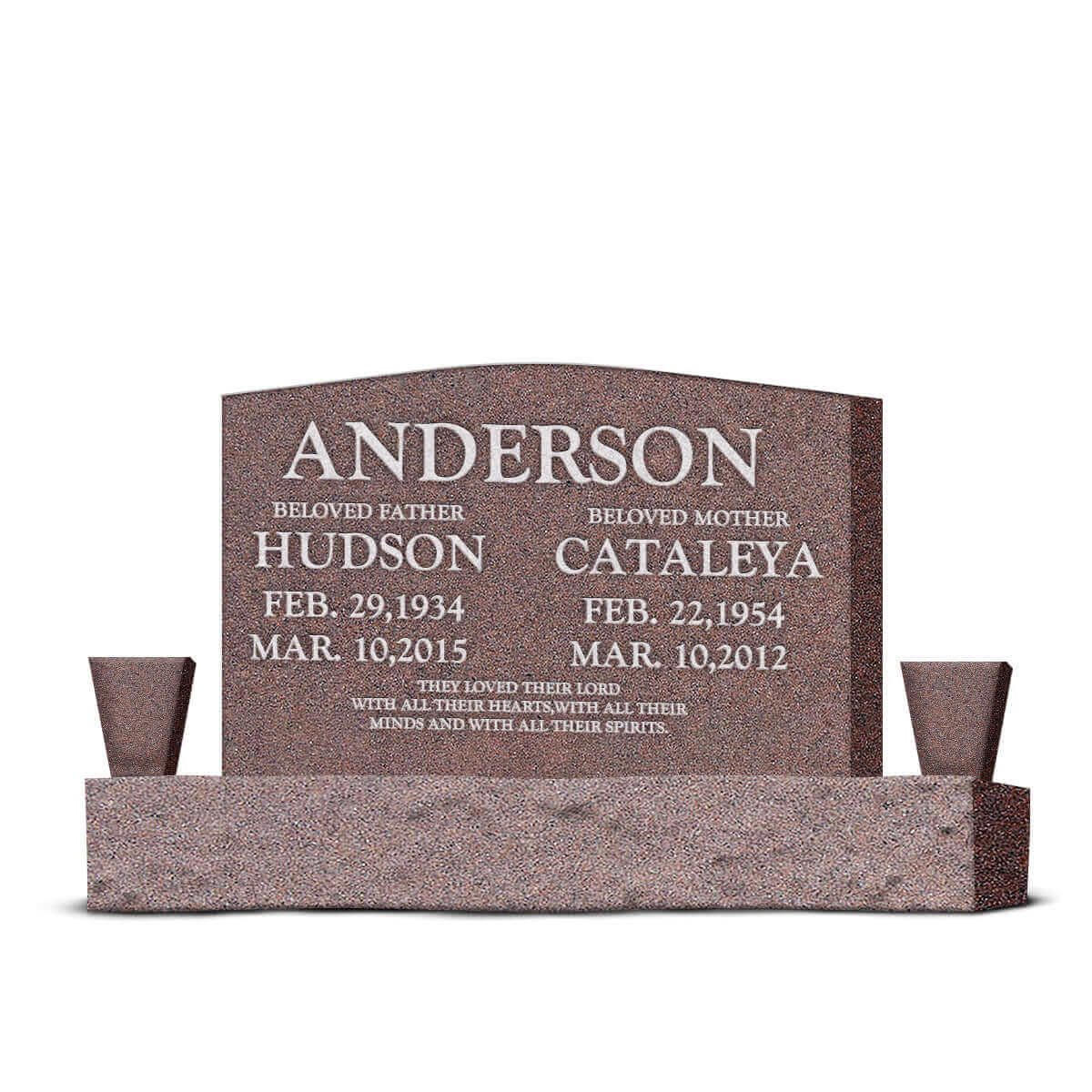 36″ x 6″ x 24″ Upright Headstone with 54″ Base & Two Vases