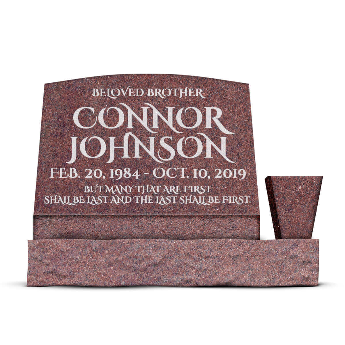 24″ x 10″ x 16″ Serp Top Slant Headstone with 34″ Base & Vase