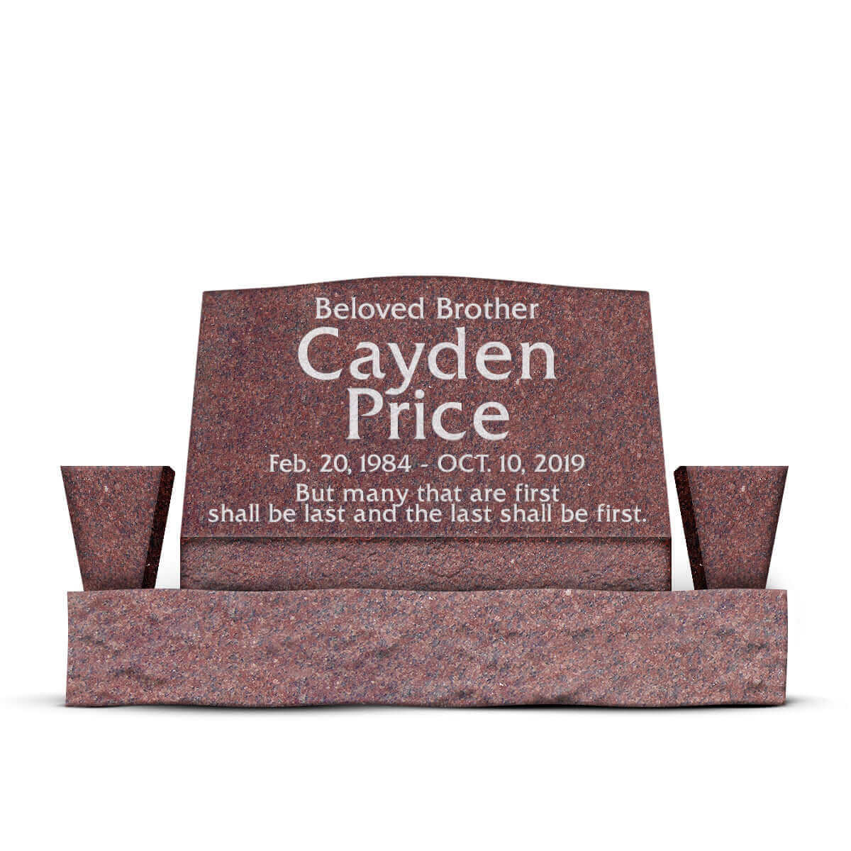 30″ x 10″ x 16″ Slant Headstone with 42″ Base & Two Vases