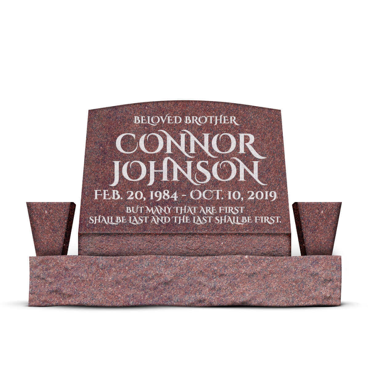 24″ x 10″ x 16″ Slant Headstone with 36″ Base & Two Vases