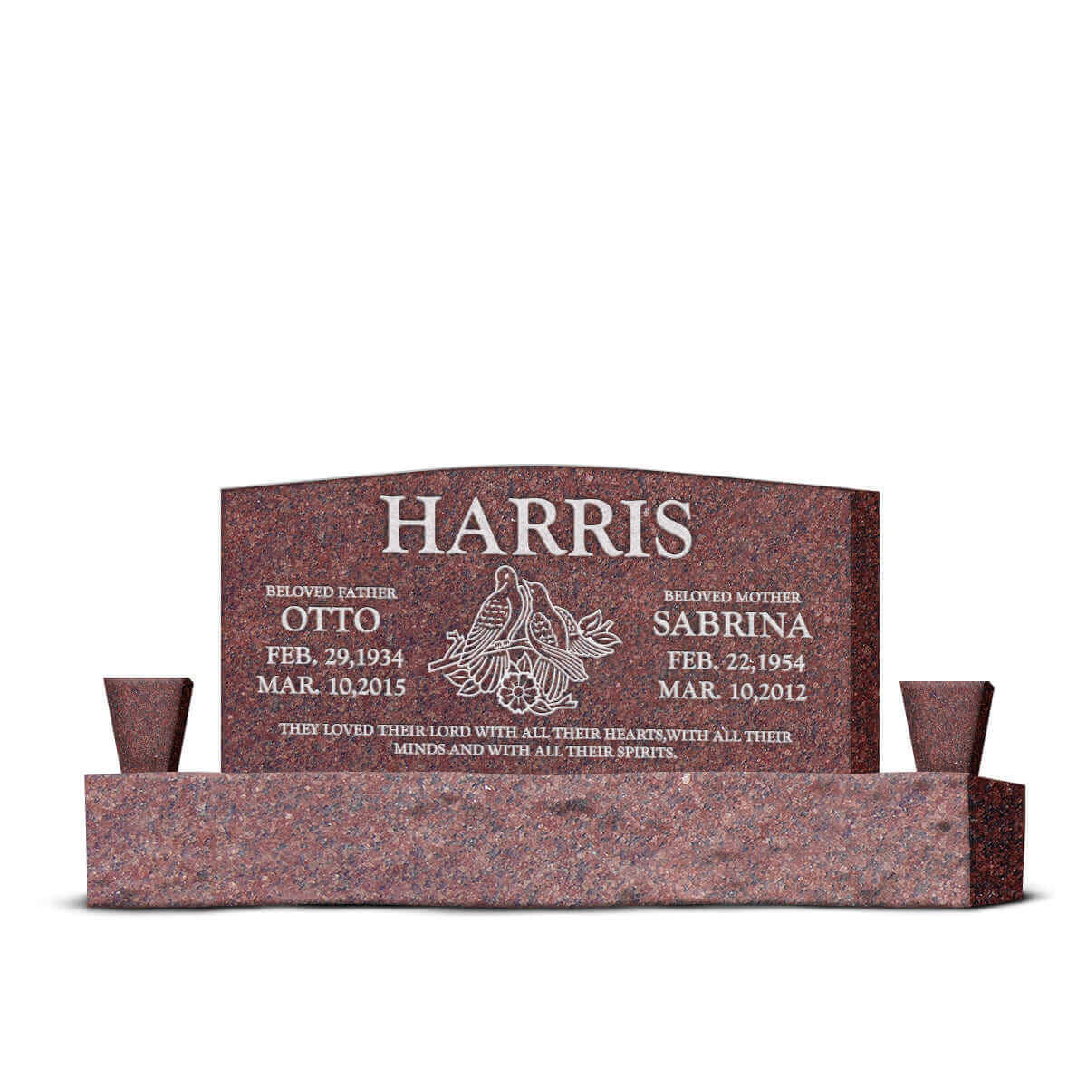 48″ x 6″ x 24″ Upright Headstone with 66″ Base & Two Vases