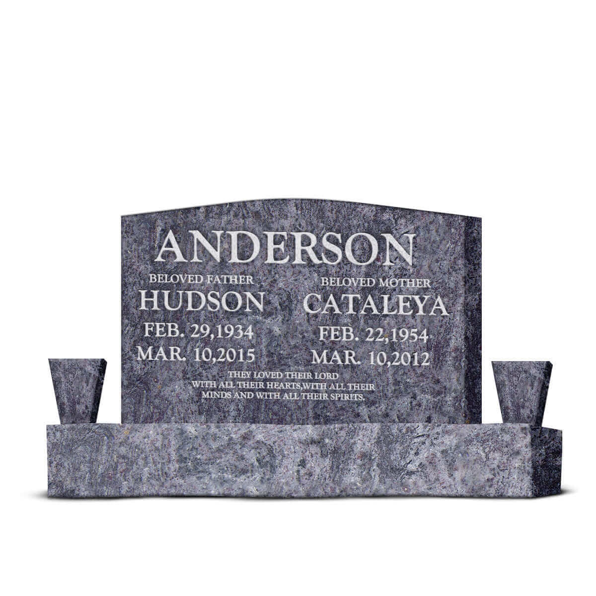 36″ x 6″ x 24″ Upright Headstone with 54″ Base & Two Vases