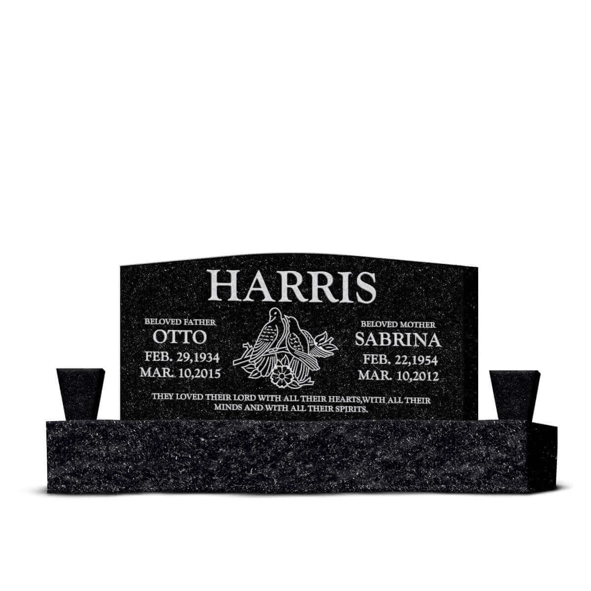 48″ x 6″ x 24″ Upright Headstone with 66″ Base &amp; Two Vases