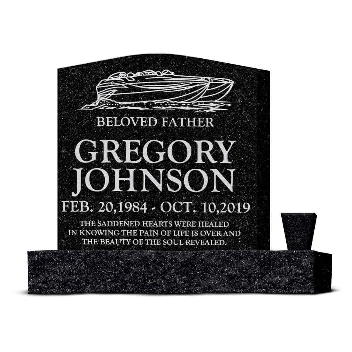 24″ x 6″ x 24″  Upright Headstone with 36″ Base &amp; Vase