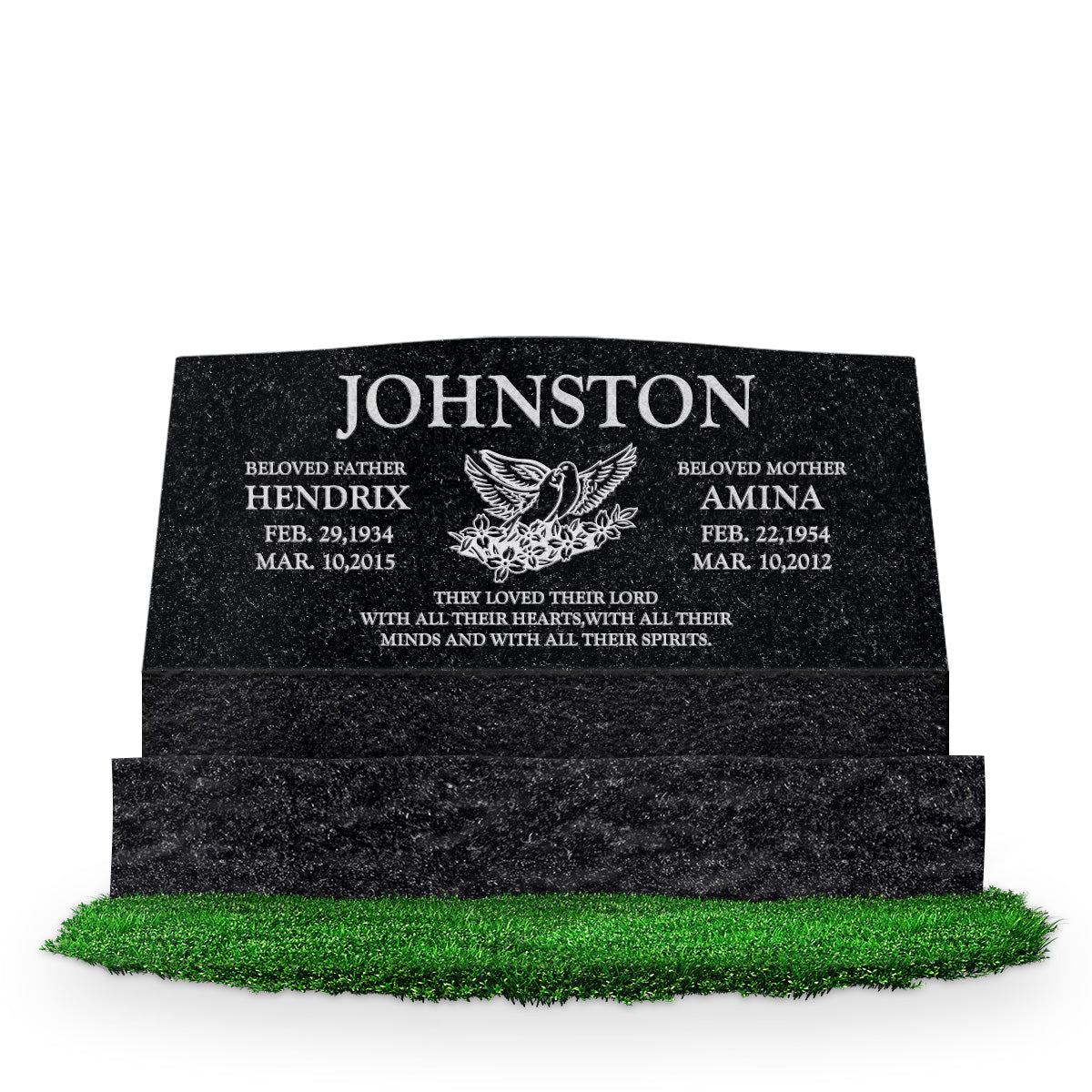 36″ x 10″ x 16″ Serp Top Slant Headstone: polished front and back; 42″ base; Companion/Artwork