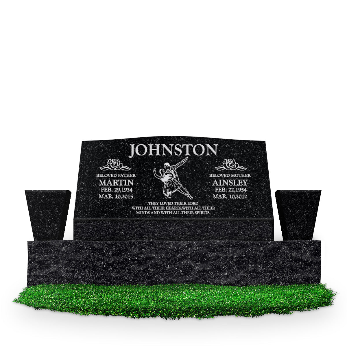 36″ x 10″ x 16″ Serp Top Slant Headstone: polished front and back; 52″ base; two square tapered vases; Companion/Artwork