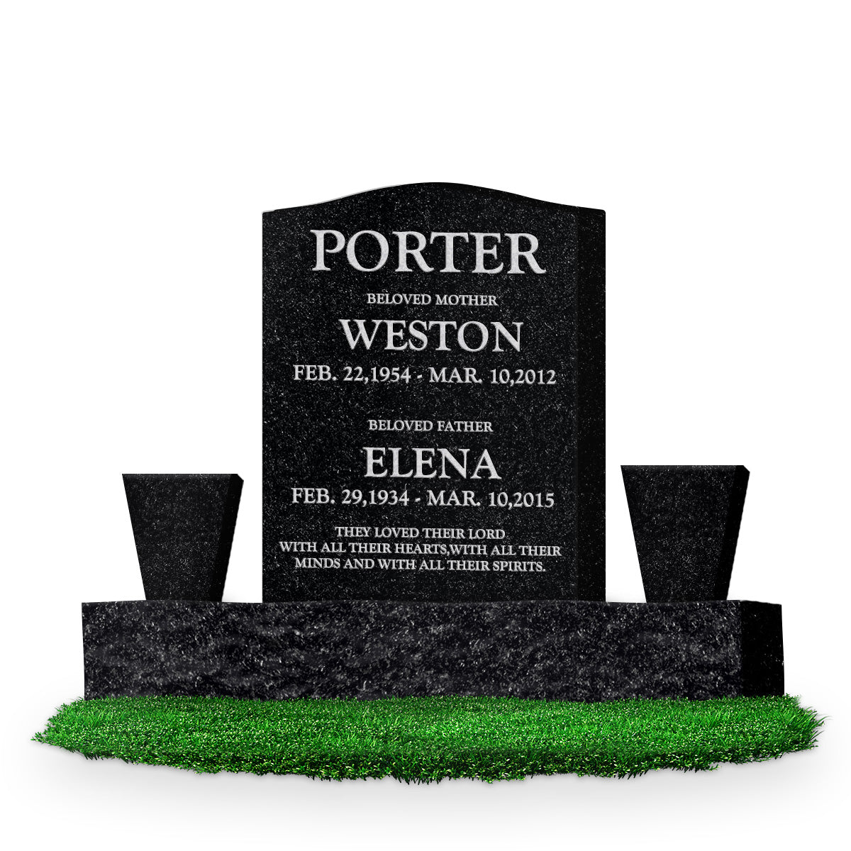 18″ x 6″ x 24″ Serp Top Upright Headstone: polished top, front and bace; 34″ base; two square tapered vases; Companion/Text