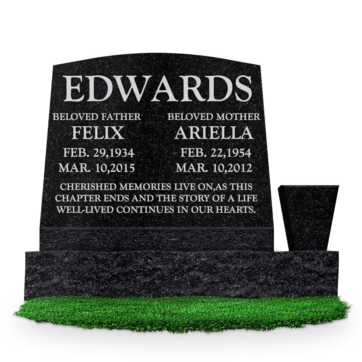20″ x 10″ x 16″ Serp Top Slant Headstone: polished front and back; 30″ base; square tapered vase; Companion/Text