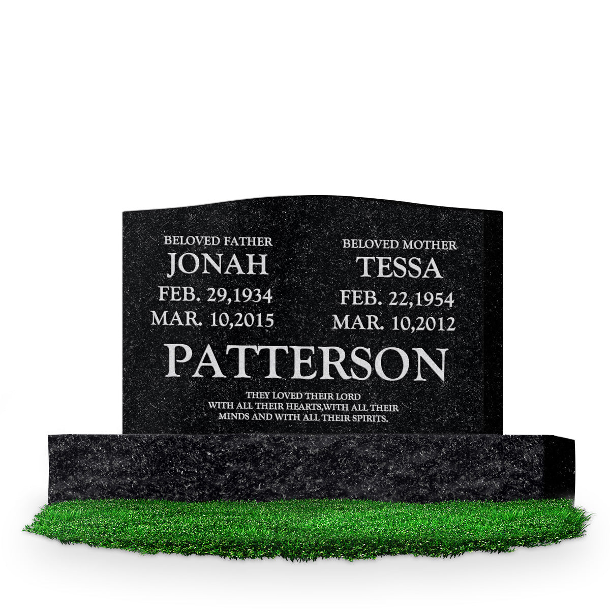 36″ x 6″ x 24″ Serp Top Upright Headstone: polished top, front and back; 48″ base; Companion/Text