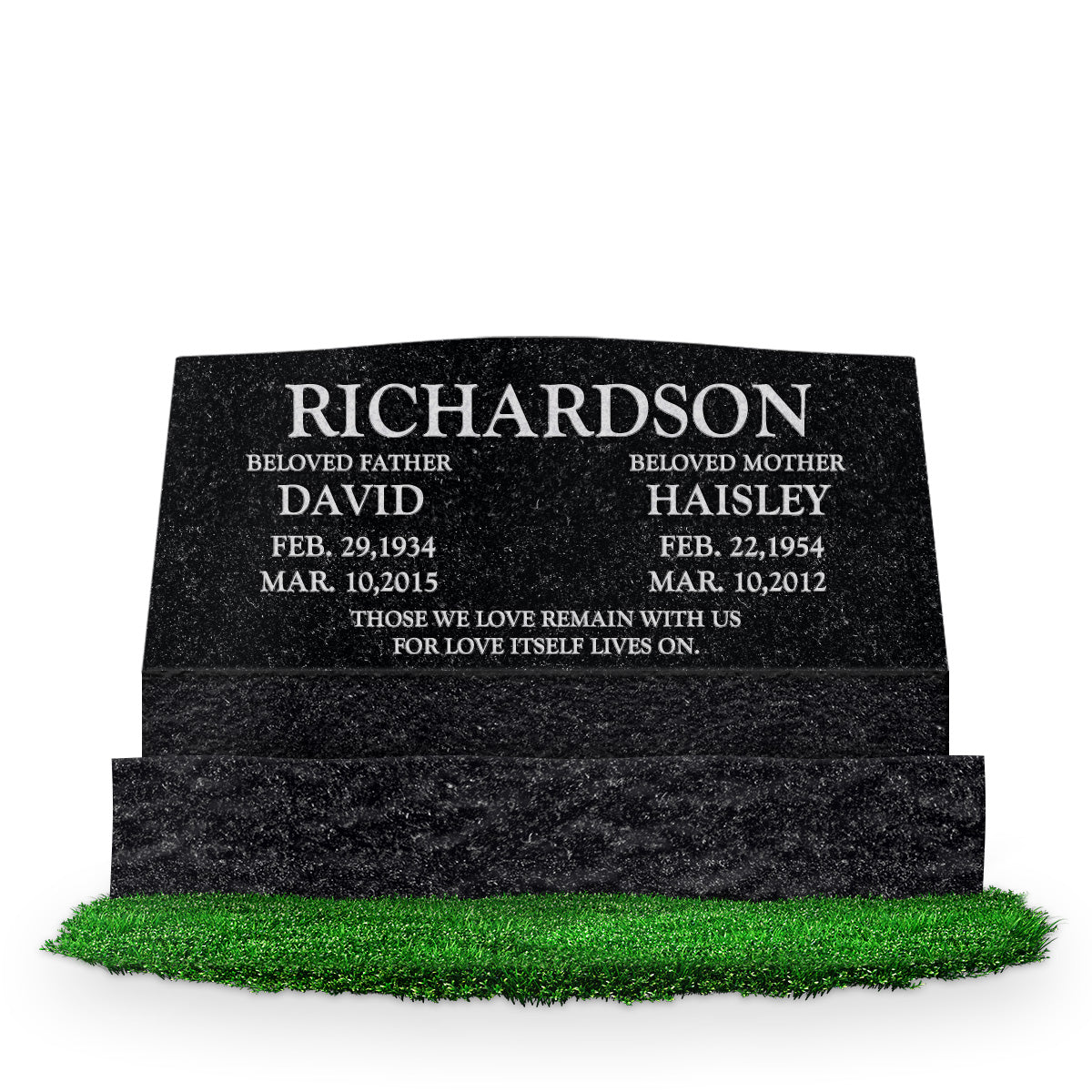 36″ x 10″ x 16″ Serp Top Slant Headstone: polished front and back; 42″ base; Companion/Text