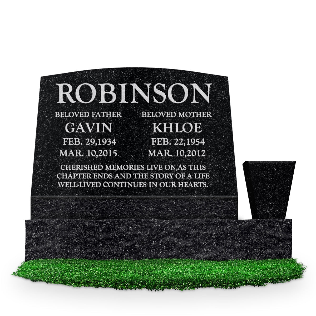 24″ x 10″ x 16″ Serp Top Slant Headstone: polished front and back; 34″ base; square tapered vase; Companion/Text
