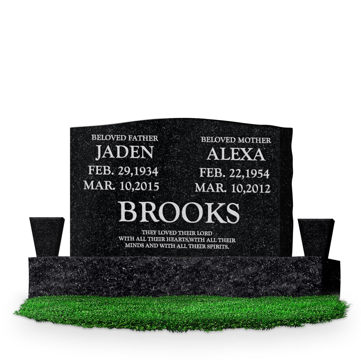 36″ x 6″ x 24″ Serp Top Upright Headstone: polished front and back; 60″ base; two square tapered vases; Companion/Text