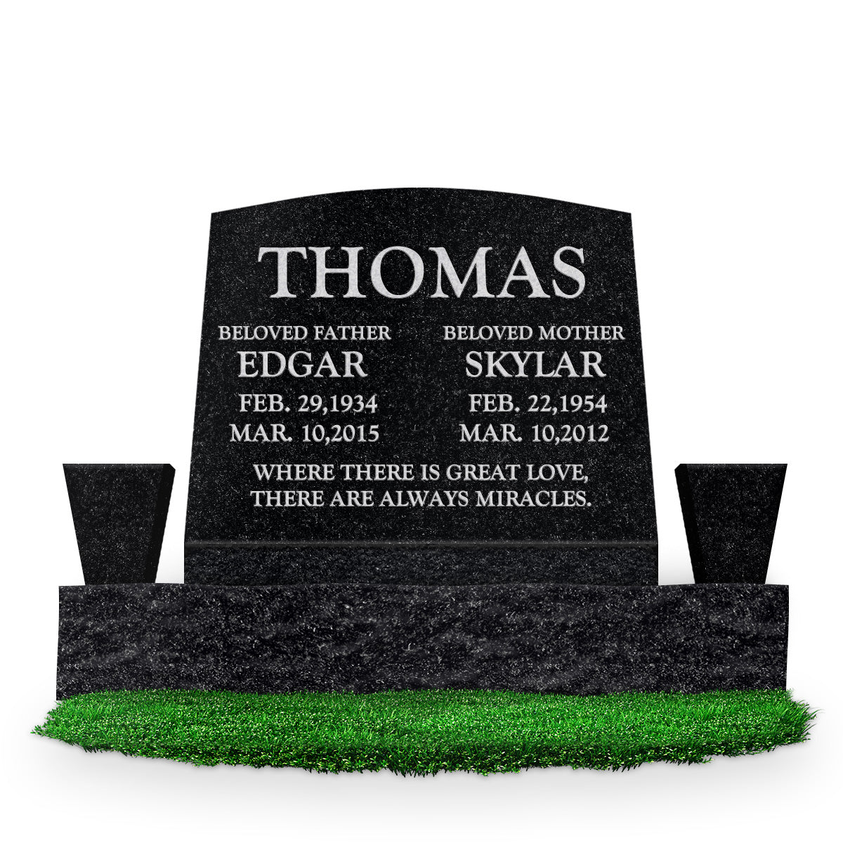 20″ x 10″ x 16″ Serp Top Slant Headstone: polished front and back; 34″ base; two square tapered vases; Companion/Text