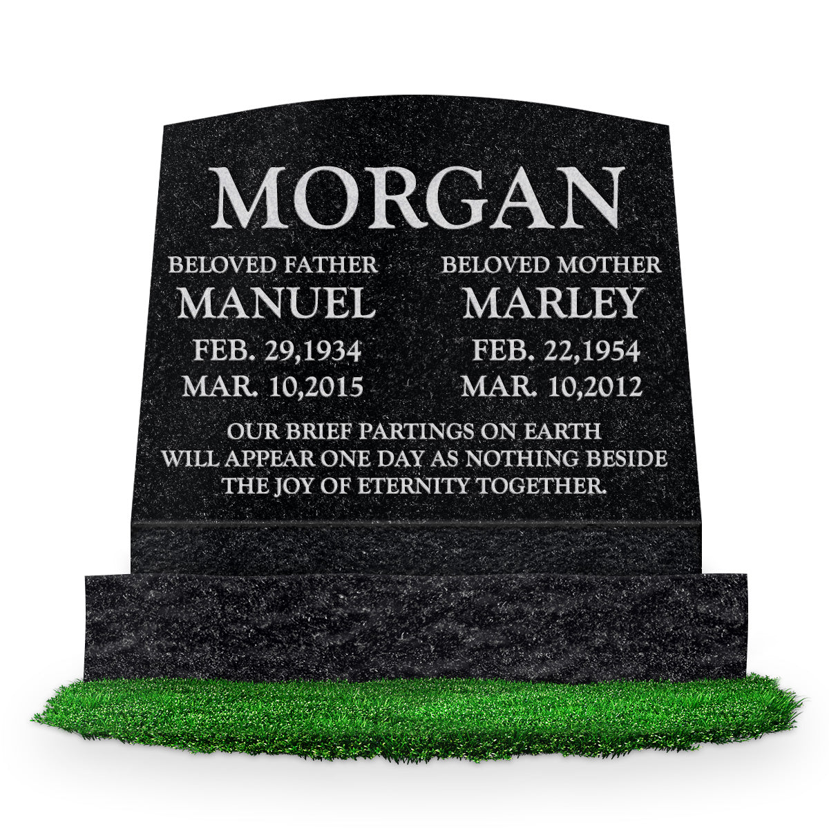 20″ x 10″ x 16″ Serp Top Slant Headstone: polished front and back; 24″ base; Companion/Text