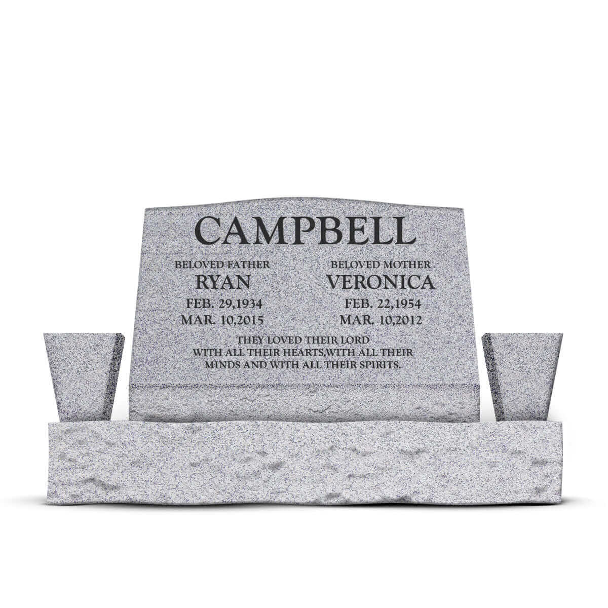 30″ x 10″ x 16″ Slant Headstone with 42″ Base &amp; Two Vases