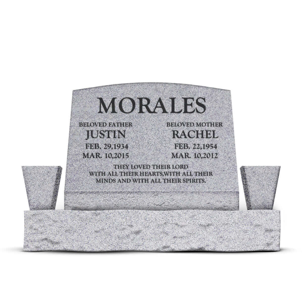 24″ x 10″ x 16″ Slant Headstone with 36″ Base &amp; Two Vases