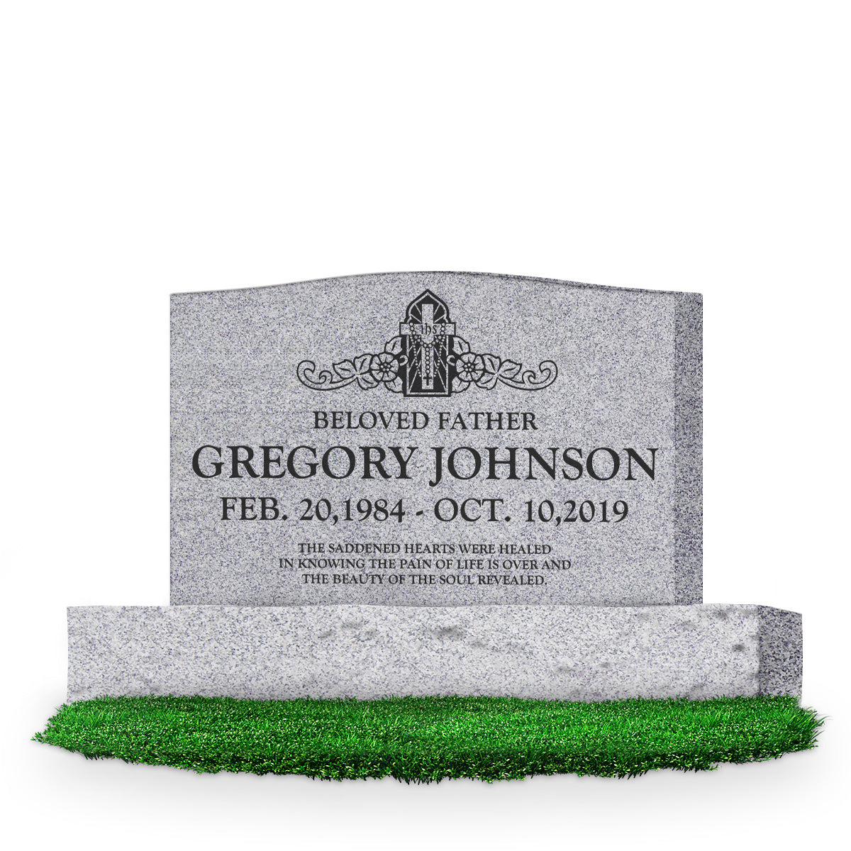 36″ x 6″ x 24″ Serp Top Upright Headstone: polished top, front and back; 48″ base; Single/Artwork