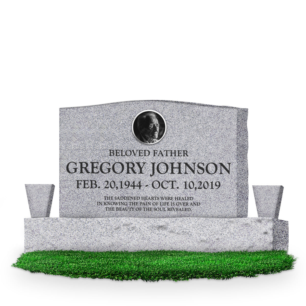 36″ x 6″ x 24″ Serp Top Upright Headstone: polished front and back; 60″ base; two square tapered bases; Single/Artwork