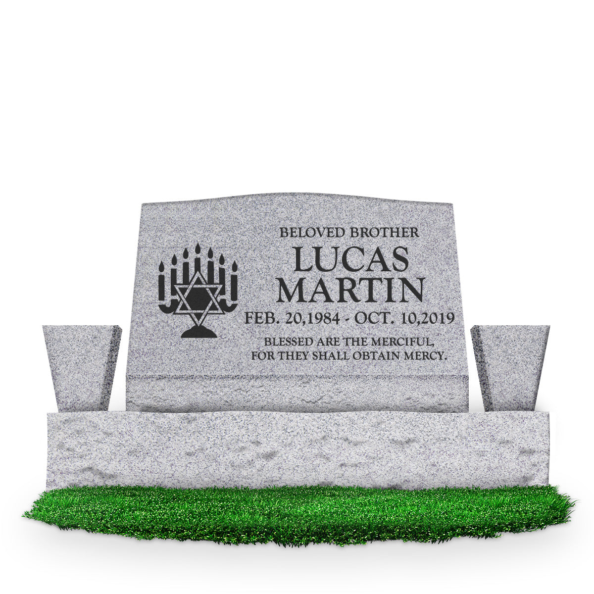 30″ x 10″ x 16″ Serp Top Slant Headstone with 42″ base and two square tapered vases